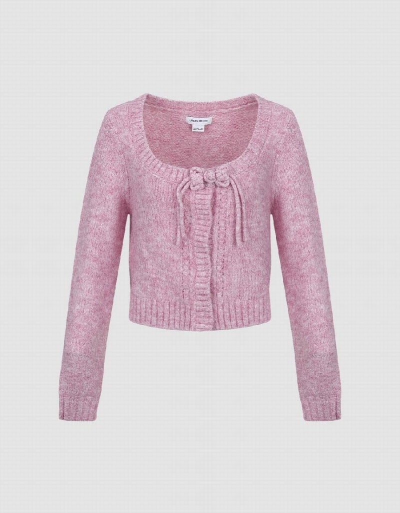 Urban Revivo Tie Front Crew Neck Knitted Women\'s Cardigan Pink | QHU3868CI