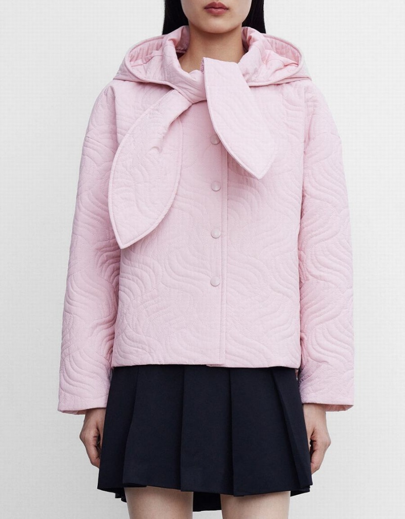 Urban Revivo Tie Front Hooded Textured Winter Women's Coats Pink | SDO6643TH