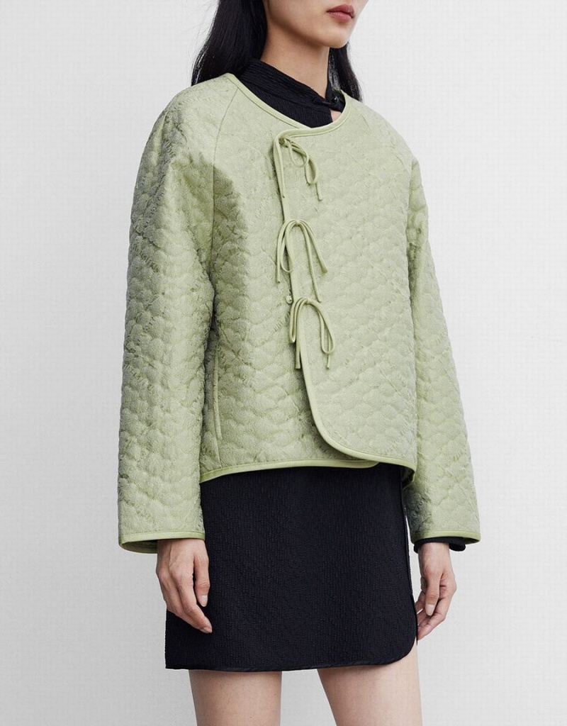 Urban Revivo Tie Front Textured Winter Women's Coats Green | CXC7726HO