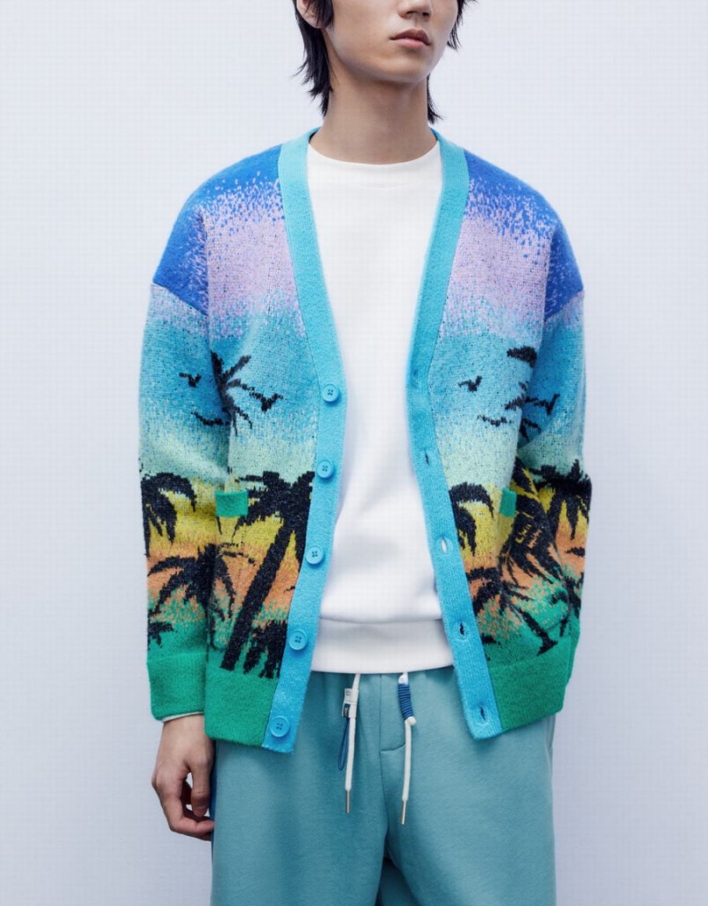 Urban Revivo Tropical Pattern Knitted Men's Cardigan Blue Multicolor | GOB1134RC