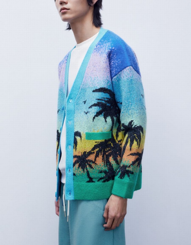 Urban Revivo Tropical Pattern Knitted Men's Cardigan Blue Multicolor | GOB1134RC