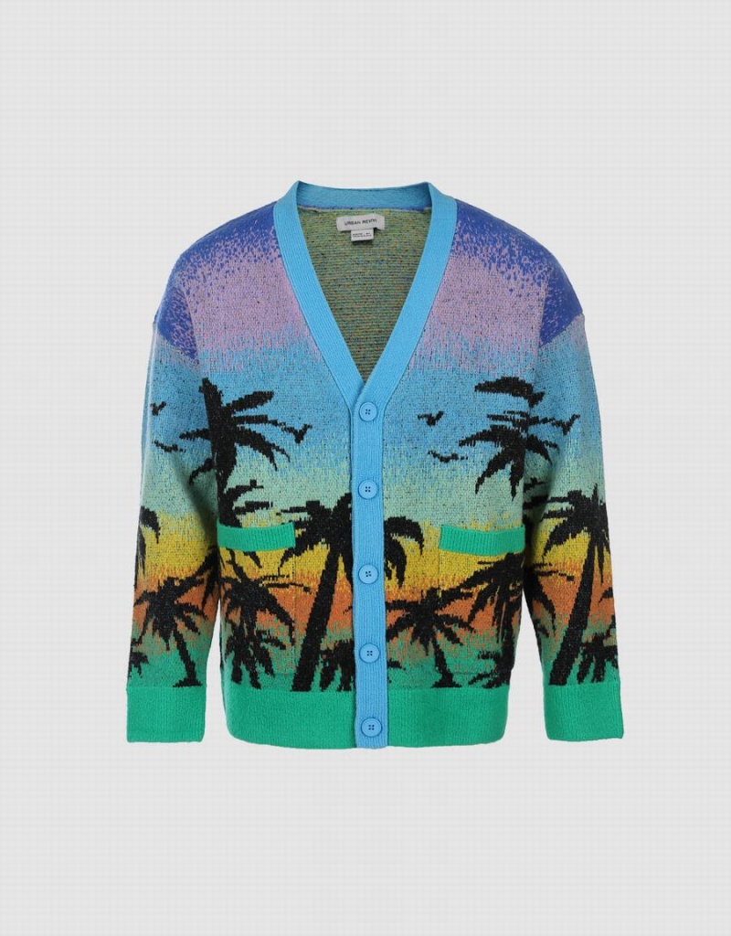 Urban Revivo Tropical Pattern Knitted Men\'s Cardigan Blue Multicolor | GOB1134RC