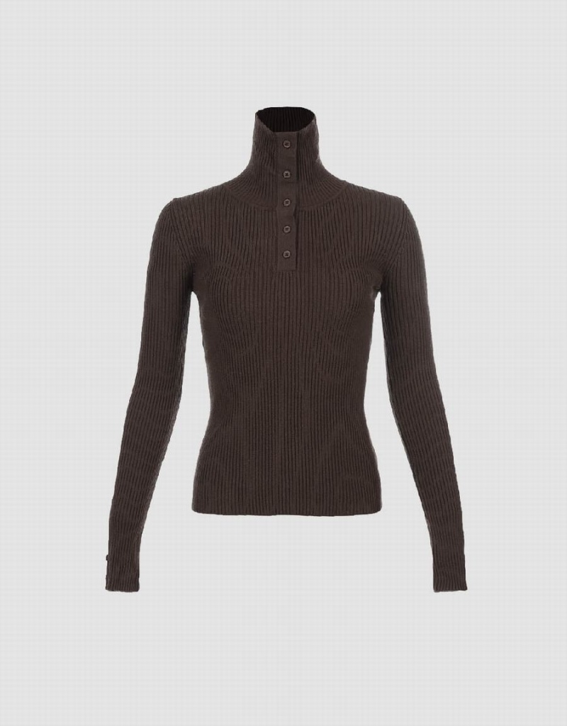 Urban Revivo Turtle Neck Skinny Knitted Women's Cardigan Brown | ICG8177BX