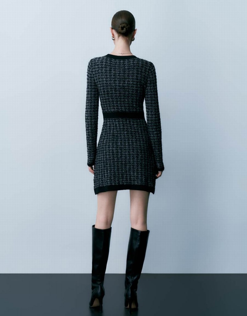 Urban Revivo Tweed Crew Neck Knitted Women's Dress Black | LYI7944FR