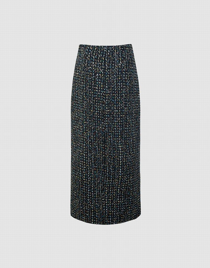 Urban Revivo Tweed Midi Women's Skirts Black Multicolor | ICW8414QX