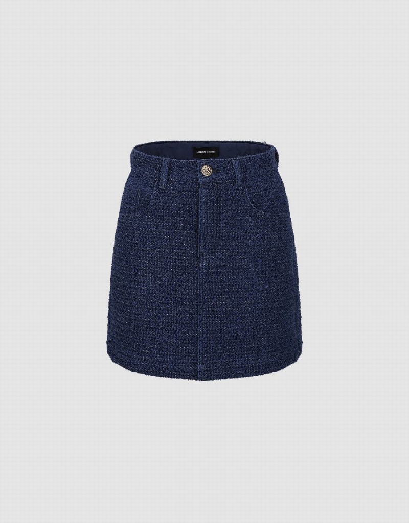 Urban Revivo Tweed Mini A-Line Denim Women\'s Skirts Blue | MQH9581YG