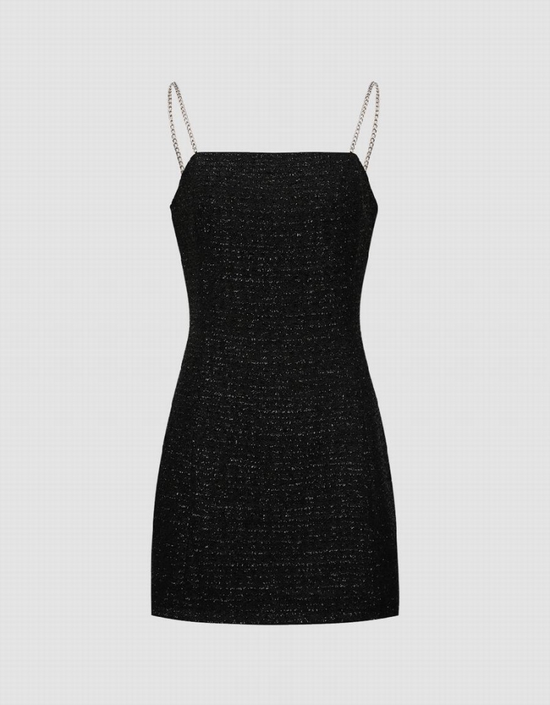 Urban Revivo Tweed Off-Shoulder A-Line Cami Women\'s Dress Black | QZB6716KV