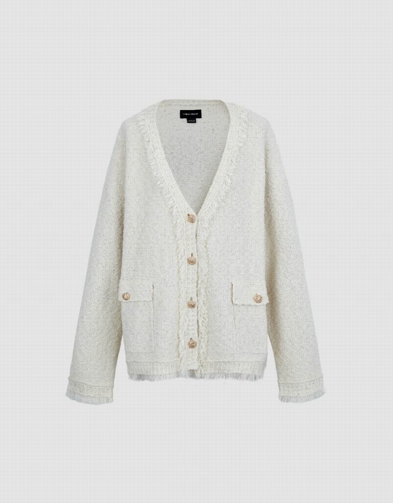 Urban Revivo Tweed Raw Trim V-Neck Knitted Women's Cardigan White | XWX591FV