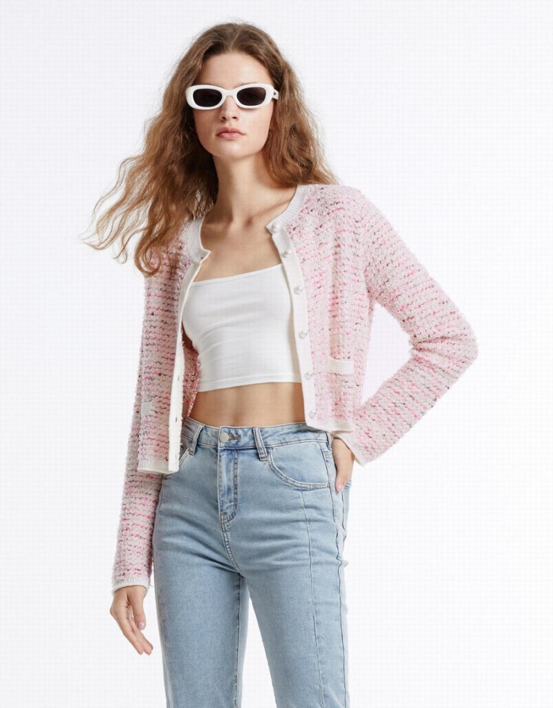 Urban Revivo Tweed Women's Cardigan Pink | KMT410LT