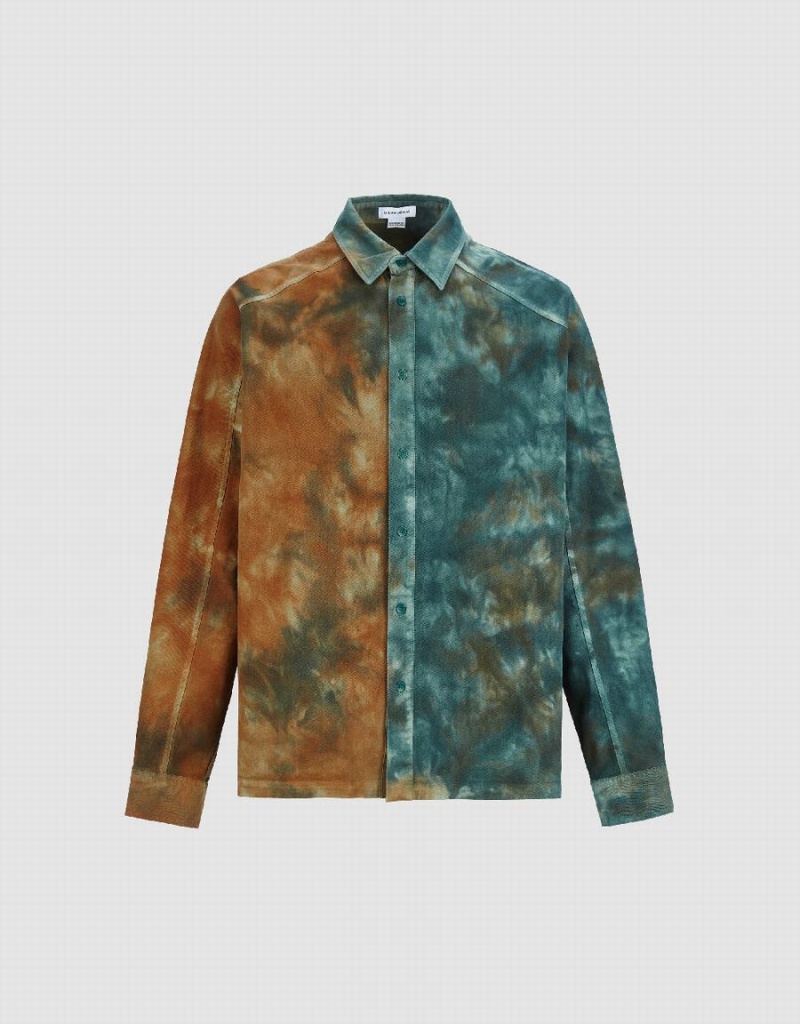 Urban Revivo Two Toned Printed Loose Men's Shirts Blue Orange | SJP2049ED