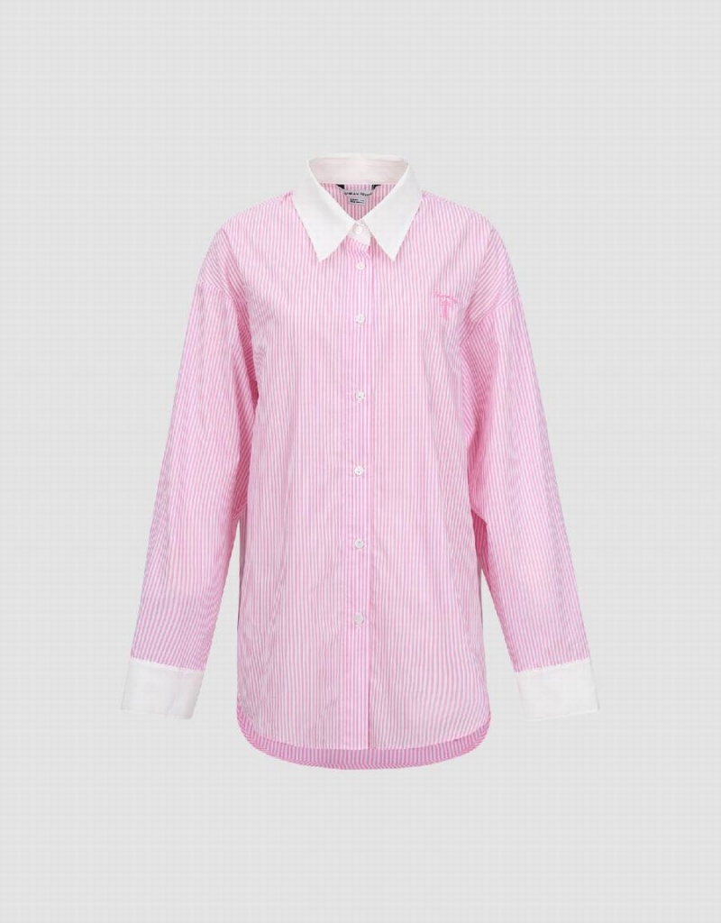 Urban Revivo Two Toned Striped Straight Women's Shirts Pink | ZOS3596QX