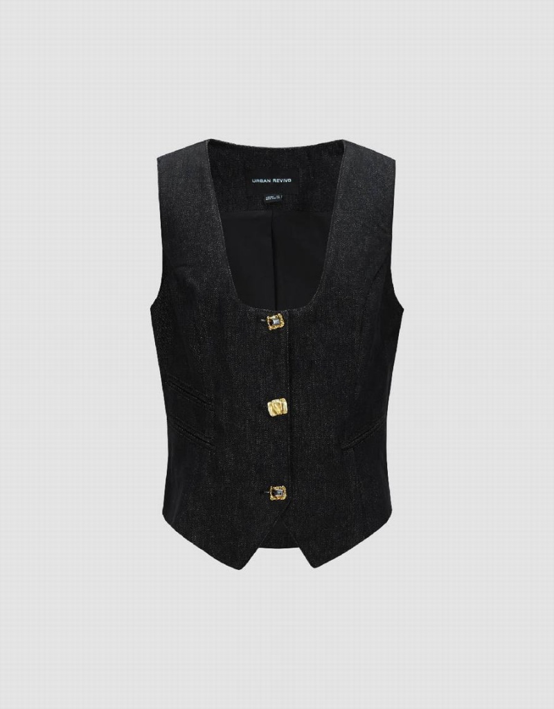 Urban Revivo U Neck Denim Waistcoat Women's Shirts Blue | EBB9393VA