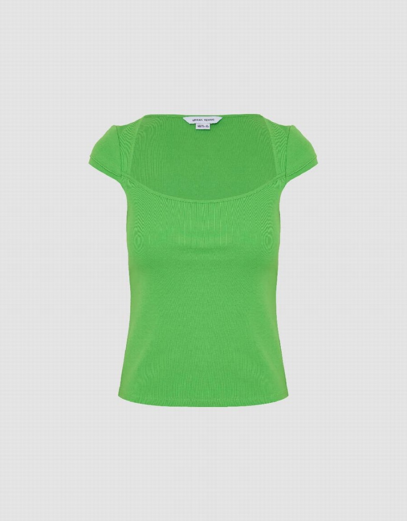 Urban Revivo U Neck Knitted Skinny Women's T Shirts Green | OPZ8287GS