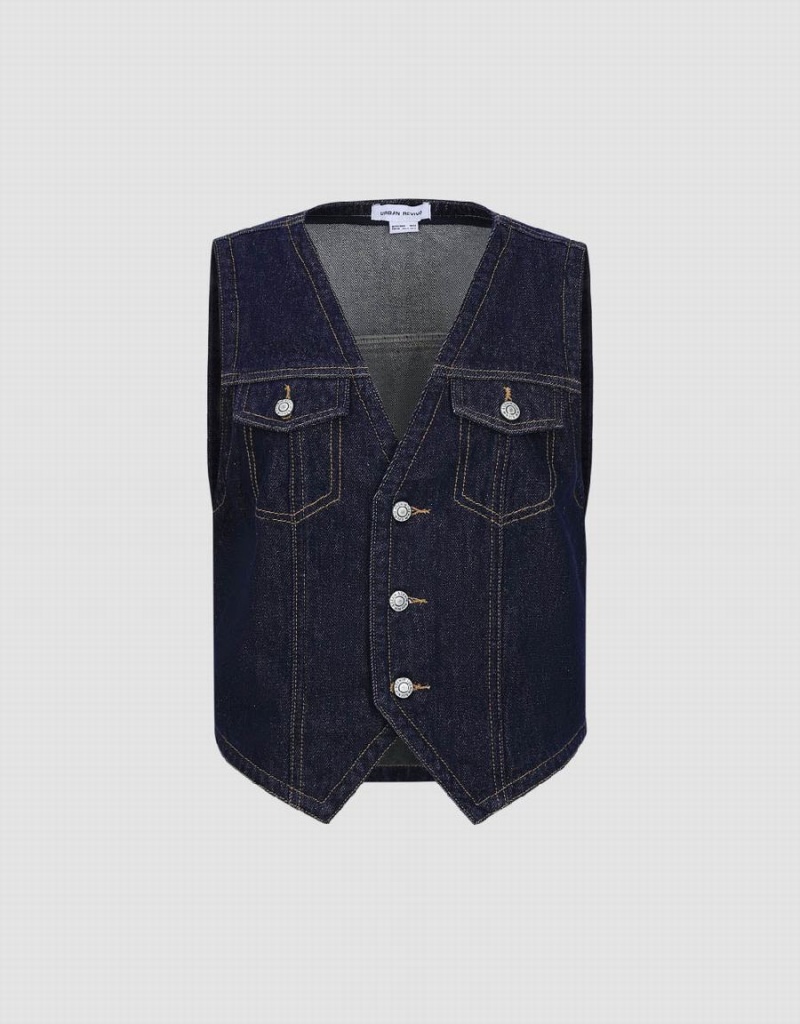 Urban Revivo V-Neck Denim Waistcoat Women's Shirts Blue | ZEU7366XT