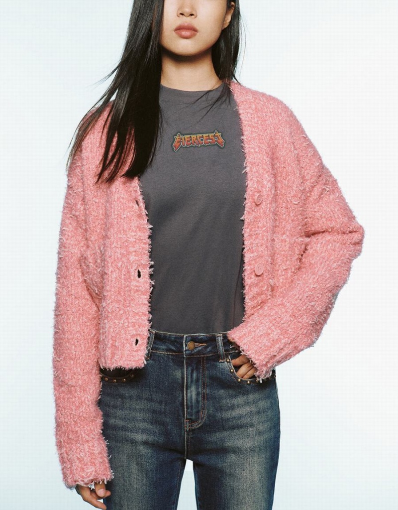 Urban Revivo V-Neck Knitted Women's Cardigan Pink | WYO5150NG