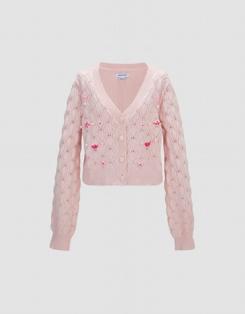 Urban Revivo V-Neck Knitted Women's Cardigan Pink | YYY6149ZU