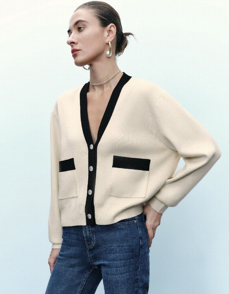 Urban Revivo V-Neck Knitted Women's Cardigan Beige | BNY56LJ