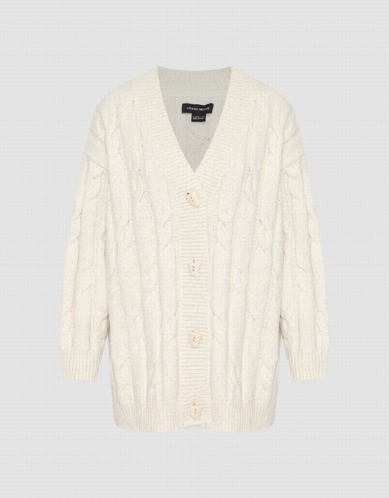 Urban Revivo V-Neck Loose Knitted Women's Cardigan White | CZD1515MC