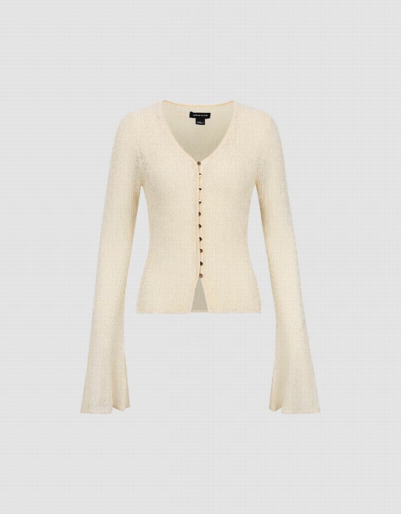 Urban Revivo V-Neck Skinny Knitted Women's Cardigan Beige | SZF2265WS