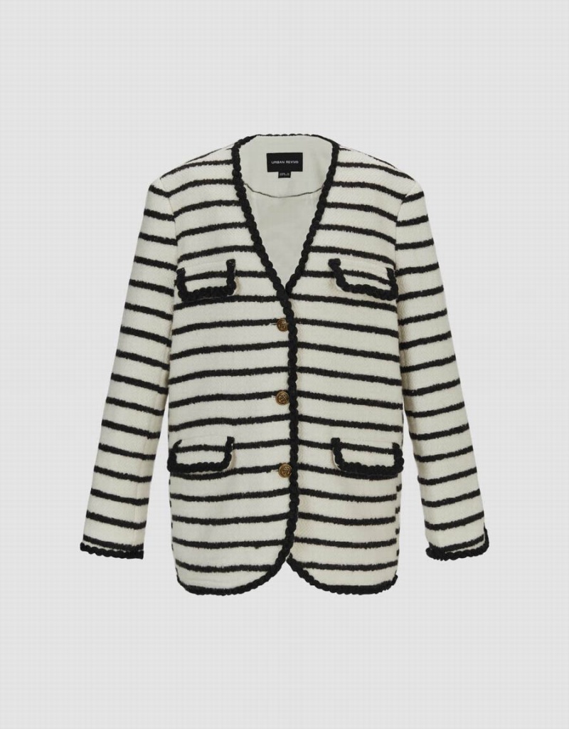 Urban Revivo V-Neck Striped Woolen Women's Jackets White | WXK2982BZ