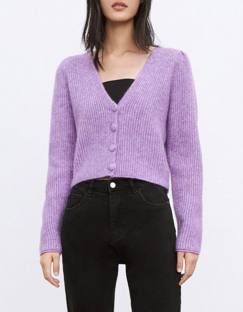 Urban Revivo V Neck Rib Knit Women's Cardigan Purple | IVL4984VH