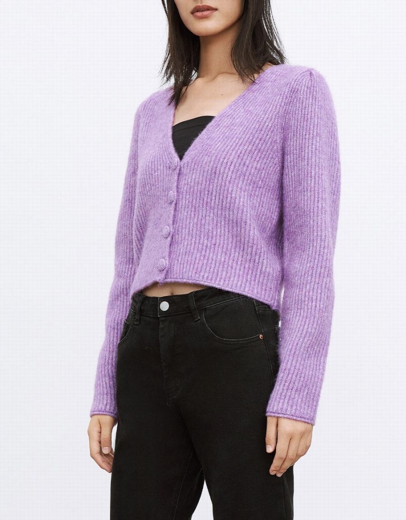 Urban Revivo V Neck Rib Knit Women's Cardigan Purple | IVL4984VH