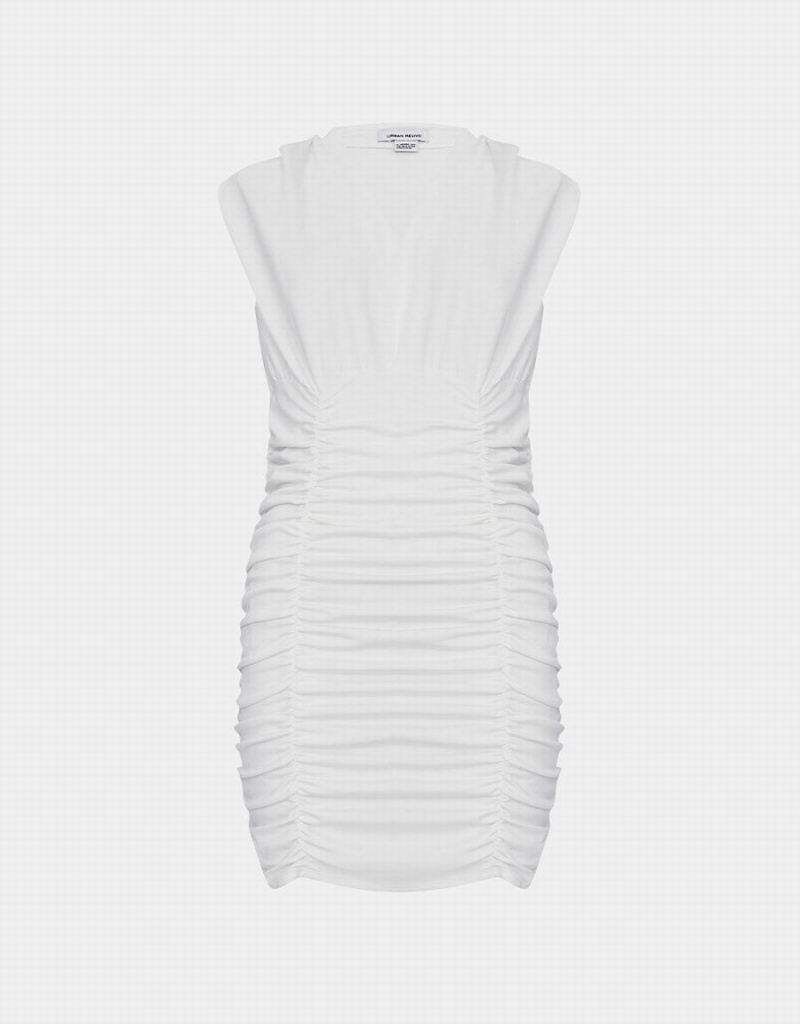 Urban Revivo V Neck Ruched Sleeveless Bodycon Women\'s Dress White | YCX8412ZP