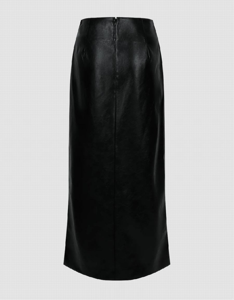 Urban Revivo Vegan Leather Midi Straight Women's Skirts Black | FLO758VB