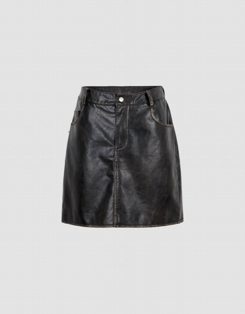 Urban Revivo Vegan Leather Mini A-Line Women\'s Skirts Black | NQX3543UZ