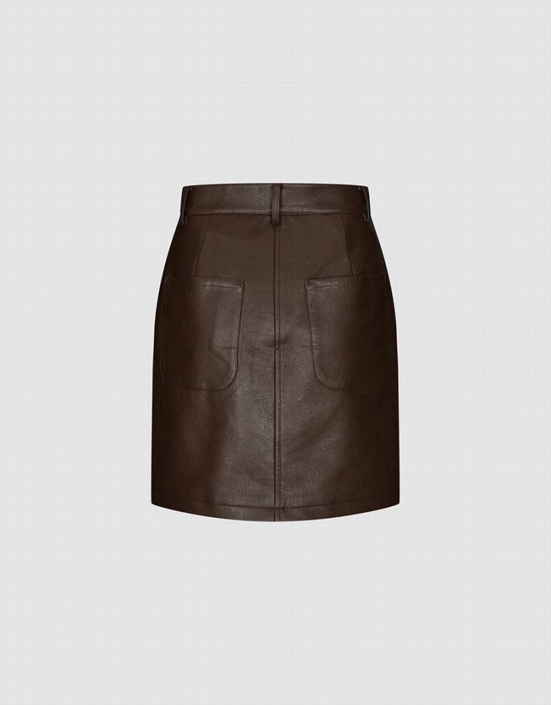 Urban Revivo Vegan Leather Mini A-Line Women's Skirts Brown | TUL2439KJ