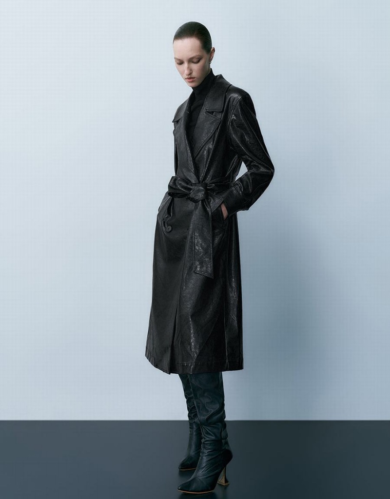 Urban Revivo Vegan Leather Straight With Belt Women's Coats Black | ULD8031VA