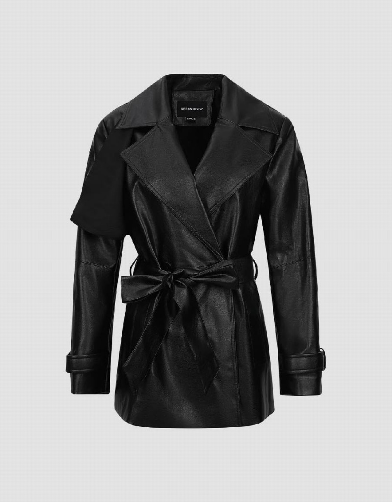 Urban Revivo Vegan Leather With Belt Women's Trench Coat Black | UIL4891SV