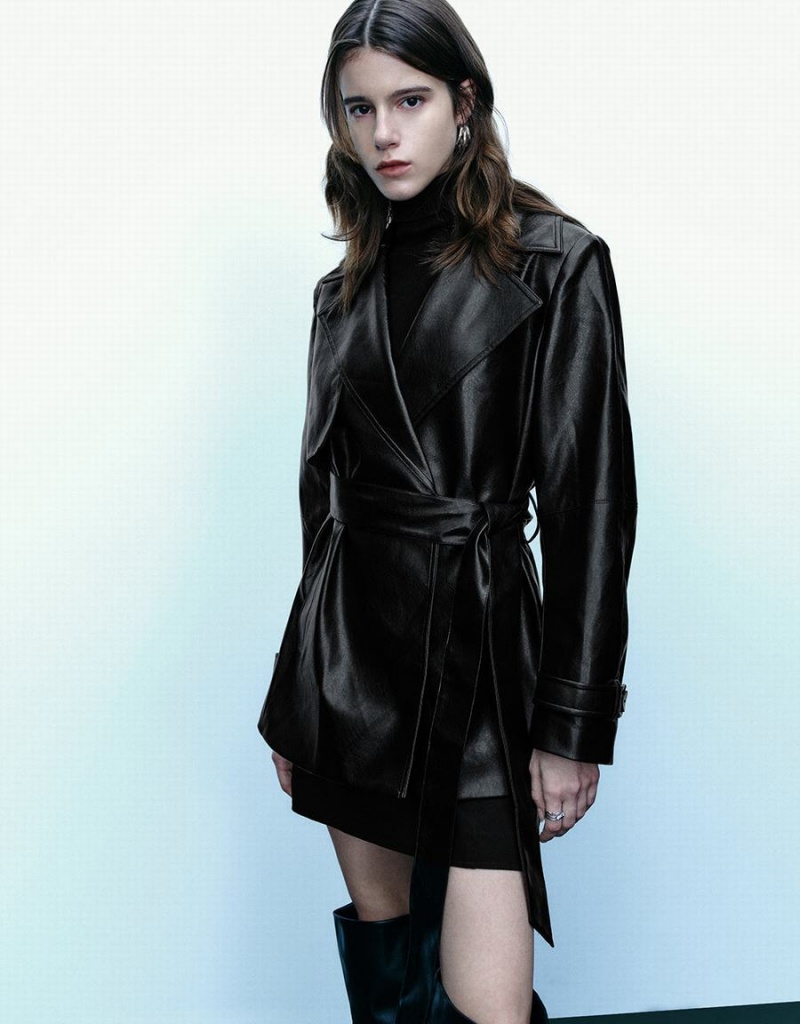 Urban Revivo Vegan Leather With Belt Women's Trench Coat Black | UIL4891SV