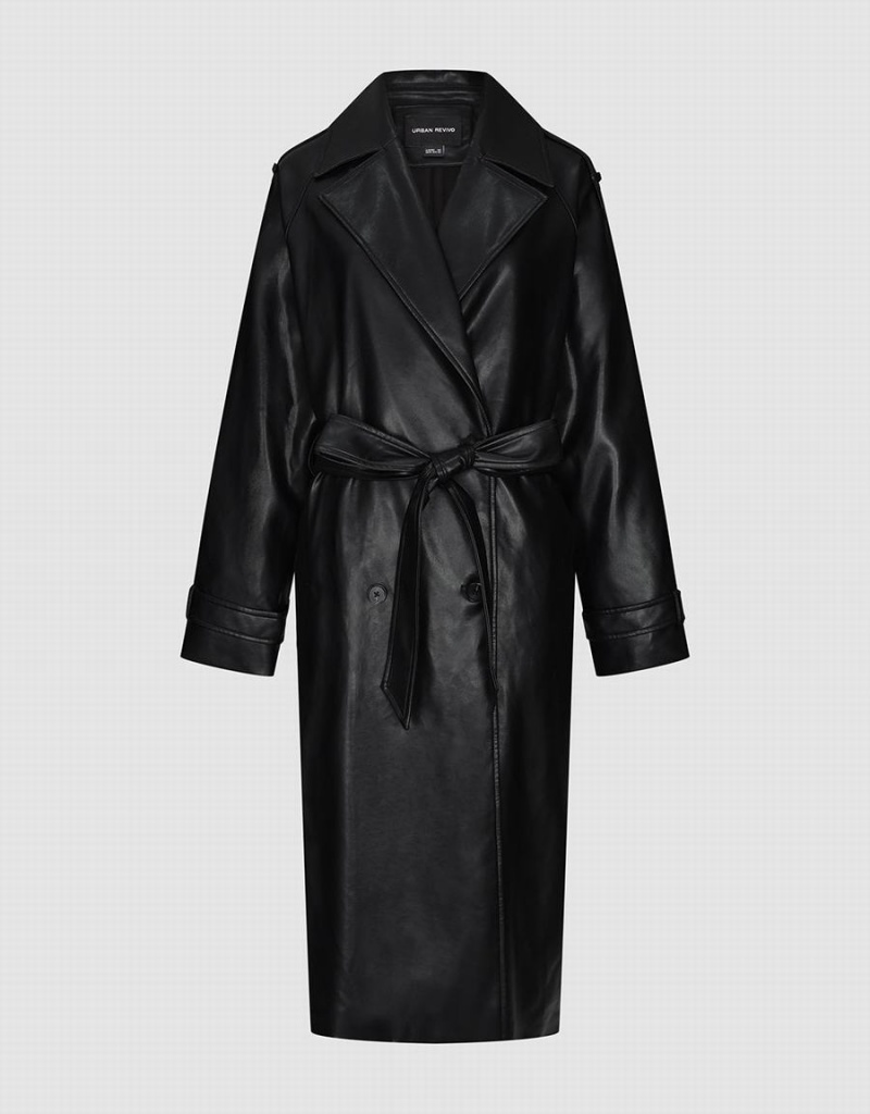 Urban Revivo Vegan Leather With Belt Women's Trench Coat Black | TYM6451ZI