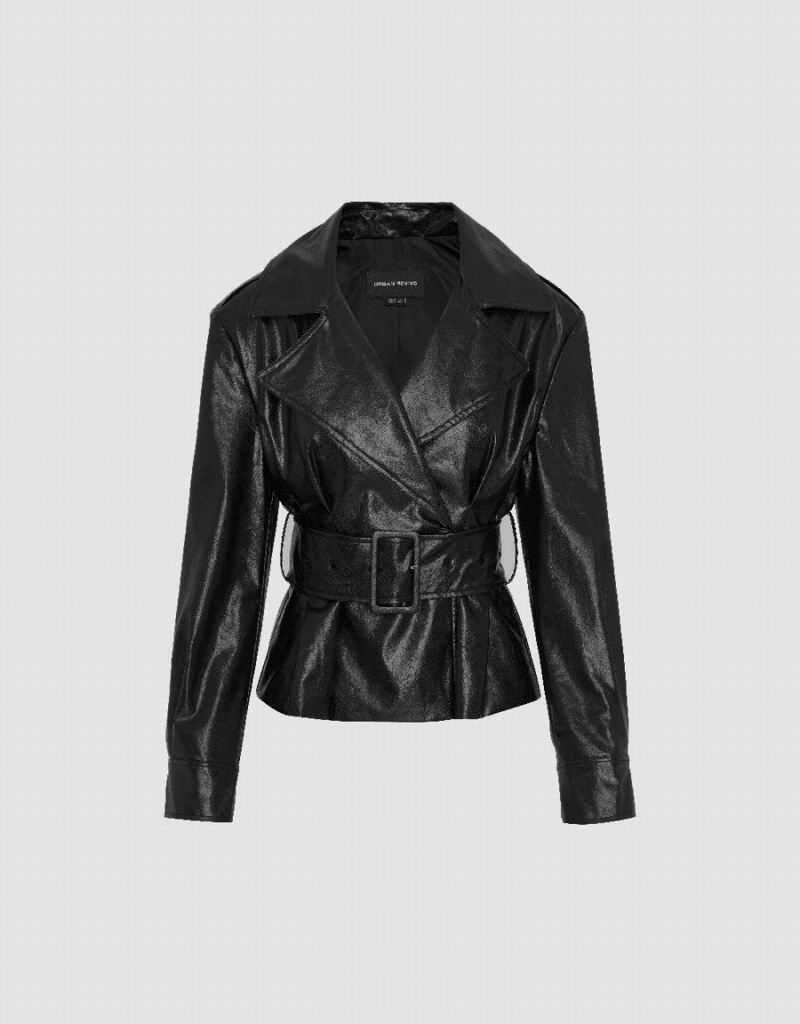 Urban Revivo Vegan With Belt Women's Leather Jackets Black | WOV2855DF