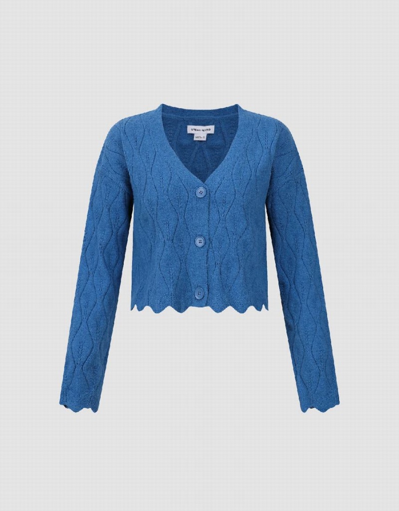 Urban Revivo Wave Trim V-Neck Knitted Women's Cardigan Blue | EDG7430KS