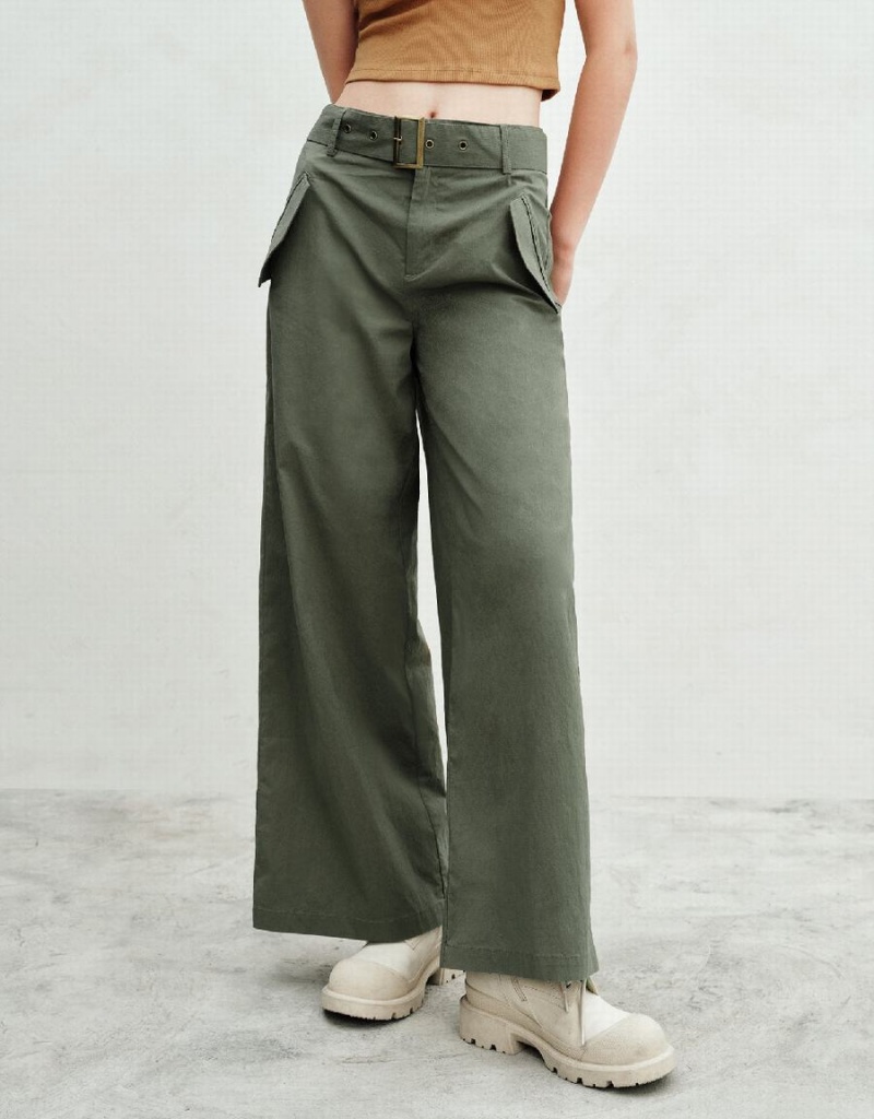 Urban Revivo Wide-Leg With Belt Women's Pants Green | QGG2451RU