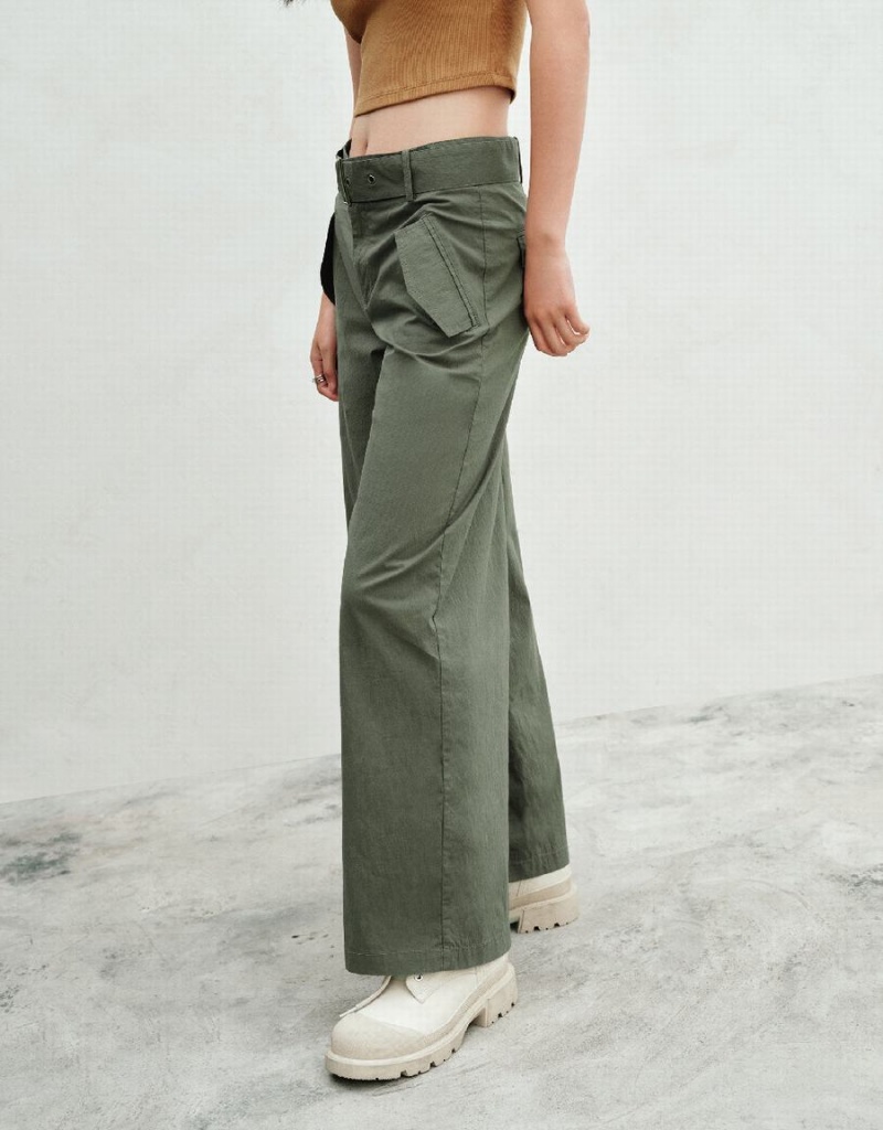 Urban Revivo Wide-Leg With Belt Women's Pants Green | QGG2451RU