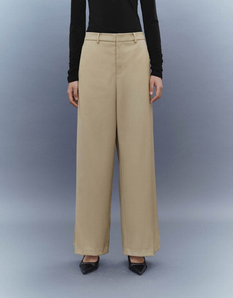 Urban Revivo Wide-Leg Women's Pants Khaki | EHA7571AY