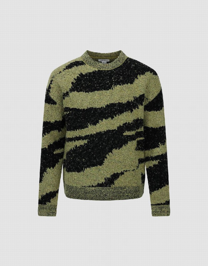 Urban Revivo Zebra Printed Crew Neck Knitted Men's Cardigan Green | DEY8090MB