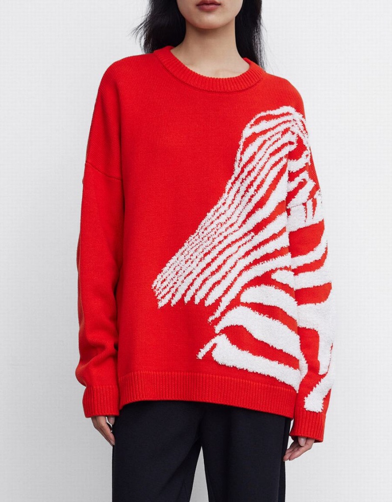 Urban Revivo Zebra Striped Crew Neck Women's Sweaters Red | BAG6245RV