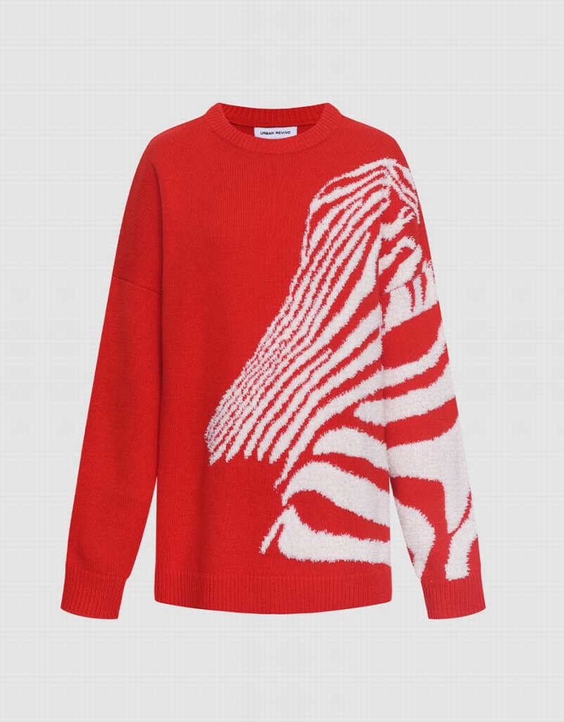 Urban Revivo Zebra Striped Crew Neck Women\'s Sweaters Red | BAG6245RV