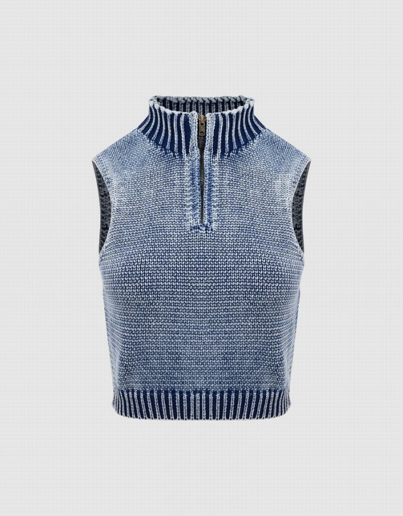 Urban Revivo Zip Half Placket Knitted Women's Cardigan Blue | VQQ9277NQ