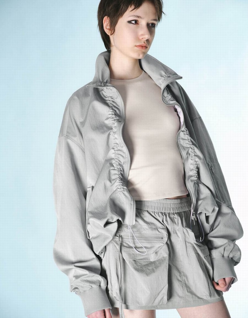 Urban Revivo Zipper Front Drop Shoulder Sleeve Women's Jackets Light Grey | AYG6498TO