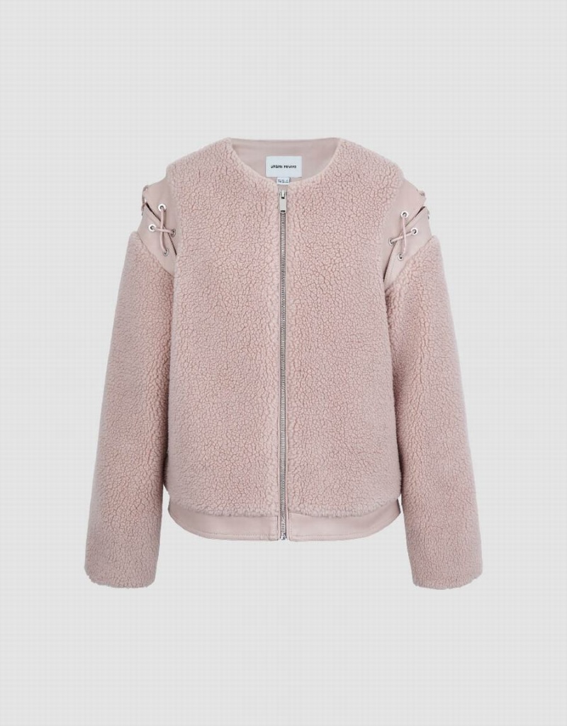 Urban Revivo Zipper Front Furry A-Line Women's Jackets Pink | URS628LF