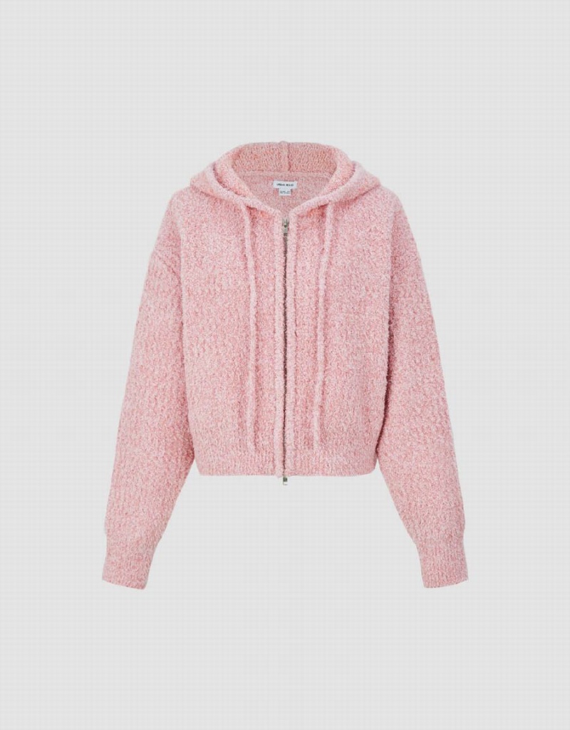 Urban Revivo Zipper Front Hooded Knitted Women's Cardigan Pink | MFW7345JF