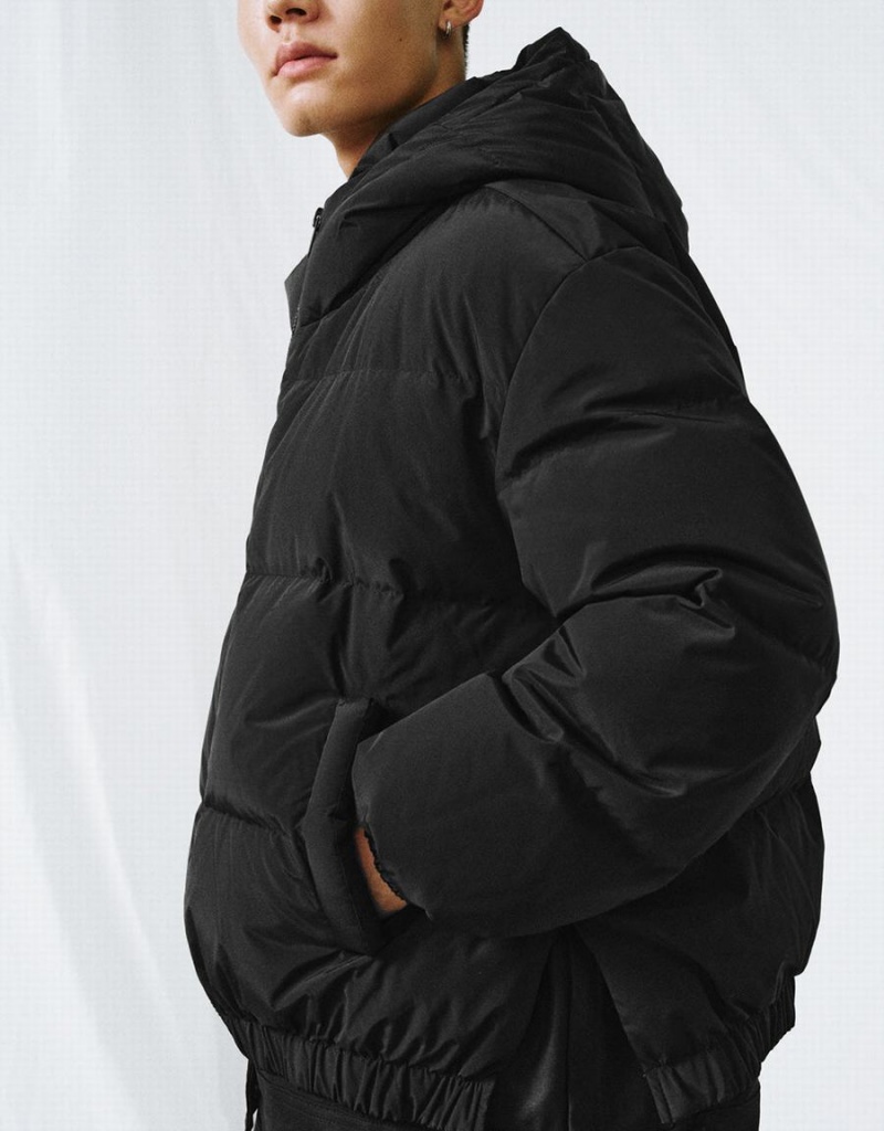 Urban Revivo Zipper Front Hooded Men's Down Jackets Black | OHX9560WZ