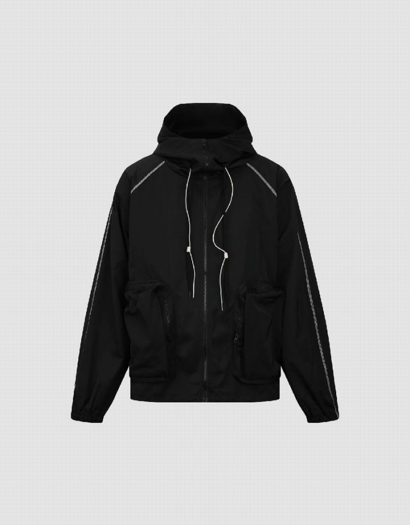 Urban Revivo Zipper Front Oversized Men's Hooded Jackets Black | TOS2673YH