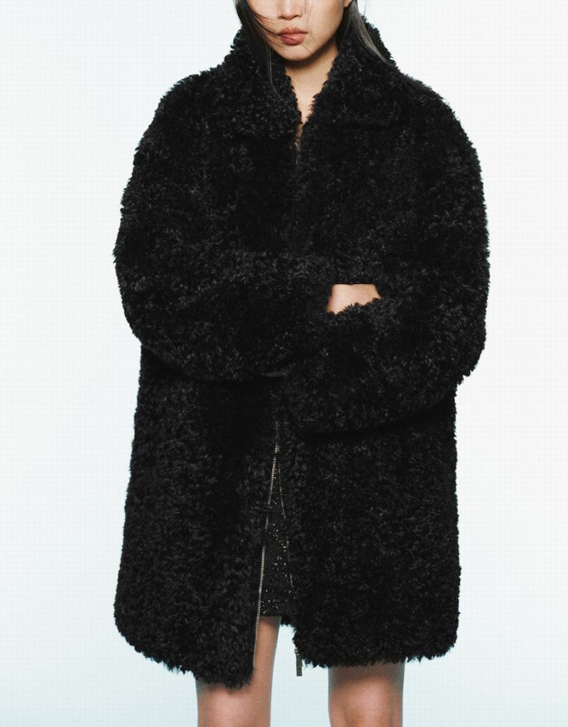 Urban Revivo Zipper Front Straight Furry Women's Coats Black | KFW3527AY