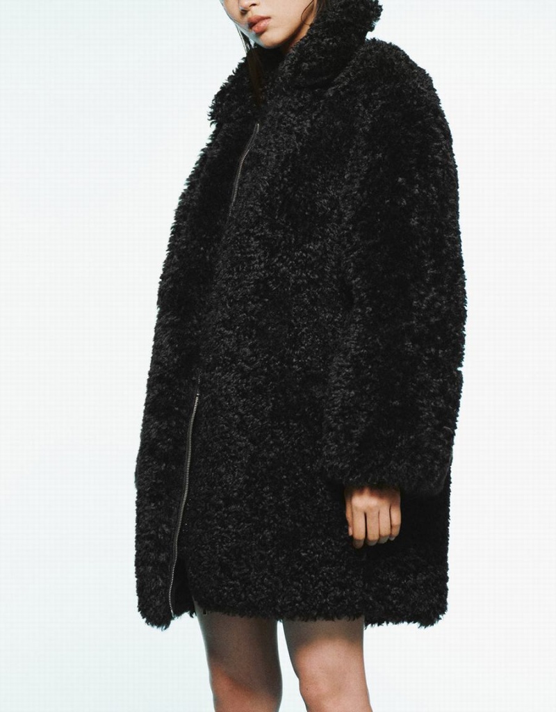 Urban Revivo Zipper Front Straight Furry Women's Coats Black | KFW3527AY